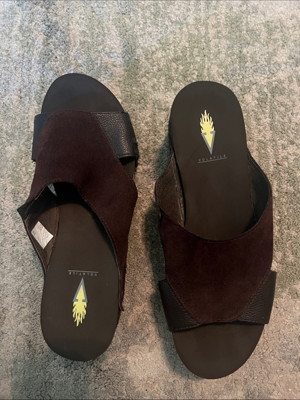 Volatile Dark Brown Suede Slide Sandals ,  right shoe shows signs of wear. Sz 9